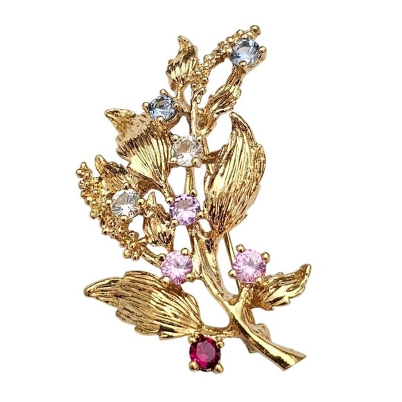 Vermeil Sterling Leaf Branch Brooch Multi Color Gem Lab Stone Pin C668 - Picture 5 of 9